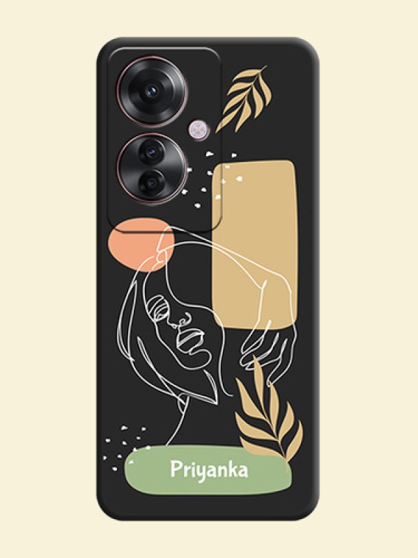Custom Text With Line Art Of Women & Leaves Design On Space Black Custom Soft Matte Mobile Back Cover - Oppo F25 Pro 5G