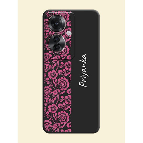 Pink Floral Pattern Design With Custom Text On Space Black Custom Soft Matte Mobile Back Cover - Oppo F25 Pro 5G Pink Floral Pattern Design With Custom Text On Space Black Custom Soft Matte Mobile Back Cover - Oppo F25 Pro 5G