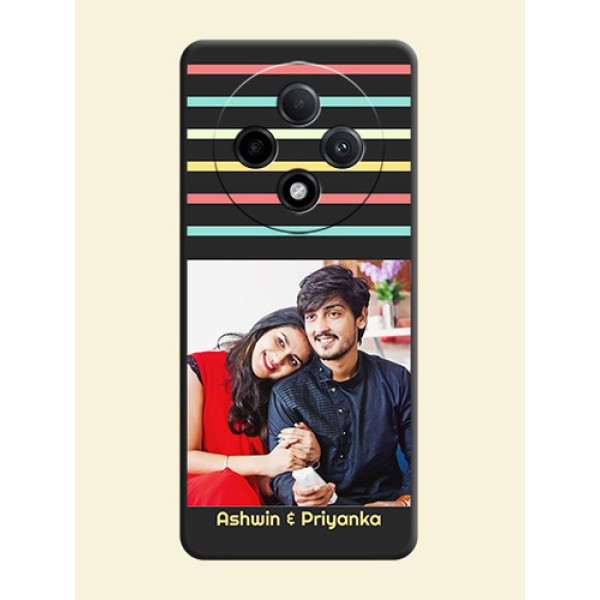 Color Stripes with Photo and Text on Photo On Space Black Custom Soft Matte Mobile Back Cover - Oppo F27 Pro Plus 5G Color Stripes with Photo and Text on Photo On Space Black Custom Soft Matte Mobile Back Cover - Oppo F27 Pro Plus 5G