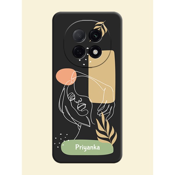 Custom Text With Line Art Of Women & Leaves Design On Space Black Custom Soft Matte Mobile Back Cover - Oppo F29 5G