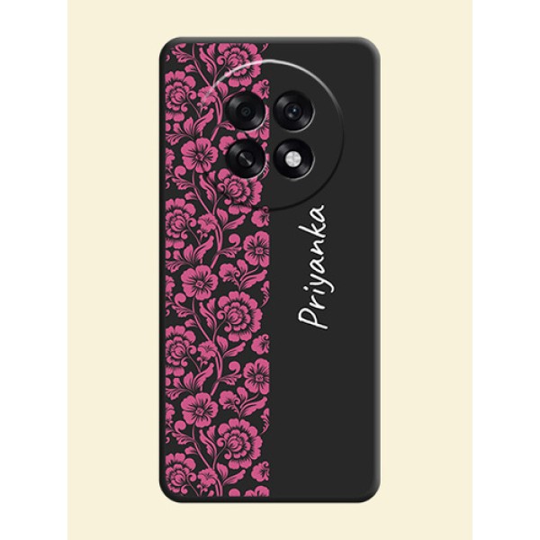 Pink Floral Pattern Design With Custom Text On Space Black Custom Soft Matte Mobile Back Cover - Oppo F31 Pro Plus 5G Pink Floral Pattern Design With Custom Text On Space Black Custom Soft Matte Mobile Back Cover - Oppo F31 Pro Plus 5G