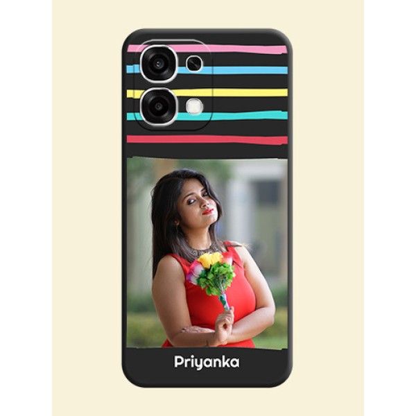 Multicolor Lines with Image On Space Black Custom Soft Matte Mobile Back Cover - Oppo F33 5G Multicolor Lines with Image On Space Black Custom Soft Matte Mobile Back Cover - Oppo F33 5G
