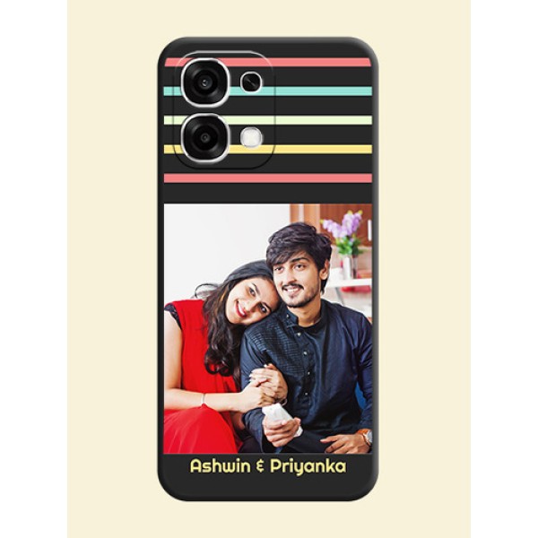 Color Stripes with Photo and Text on Photo On Space Black Custom Soft Matte Mobile Back Cover - Oppo F33 5G Color Stripes with Photo and Text on Photo On Space Black Custom Soft Matte Mobile Back Cover - Oppo F33 5G