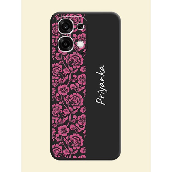Pink Floral Pattern Design With Custom Text On Space Black Custom Soft Matte Mobile Back Cover - Oppo F33 5G Pink Floral Pattern Design With Custom Text On Space Black Custom Soft Matte Mobile Back Cover - Oppo F33 5G