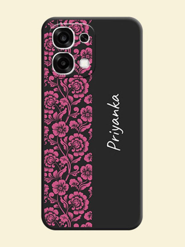 Pink Floral Pattern Design With Custom Text On Space Black Custom Soft Matte Mobile Back Cover - Oppo F33 5G