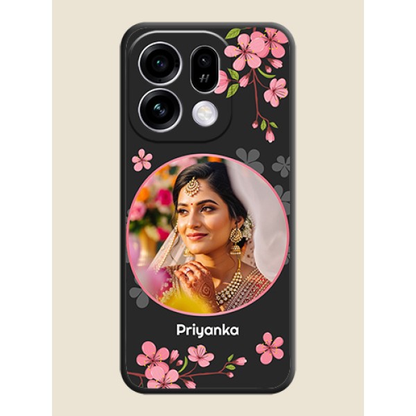 Round Image with Pink Color Floral Design on Photo On Space Black Custom Soft Matte Mobile Back Cover - Oppo Find X9s 5G