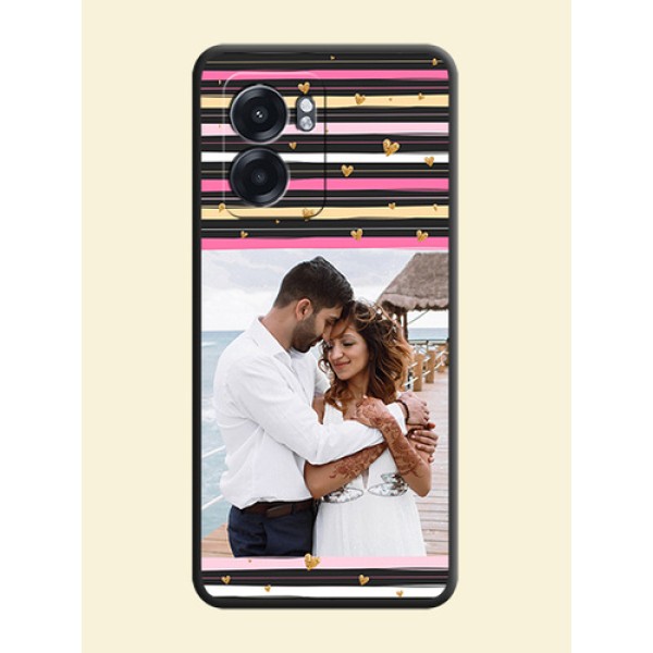 Multicolor Lines and Golden Love Symbols Design on Photo on Space Black Soft Matte Mobile Cover - Oppo K10 5G Multicolor Lines and Golden Love Symbols Design on Photo on Space Black Soft Matte Mobile Cover - Oppo K10 5G