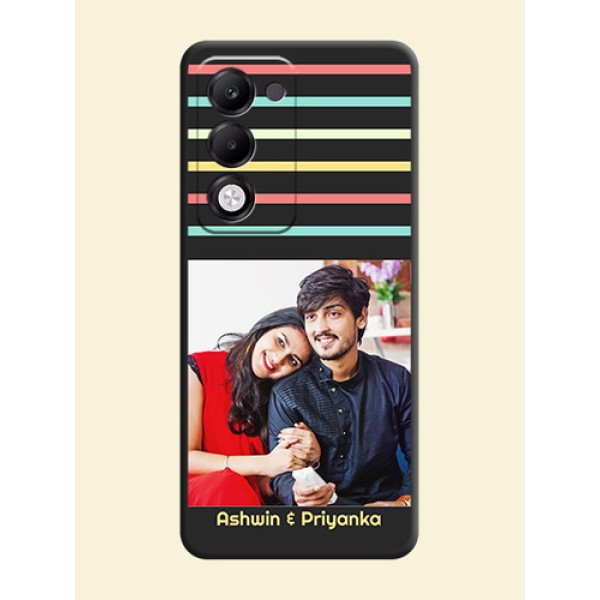 Color Stripes with Photo and Text on Photo On Space Black Custom Soft Matte Mobile Back Cover - Oppo k13x 5G Color Stripes with Photo and Text on Photo On Space Black Custom Soft Matte Mobile Back Cover - Oppo k13x 5G