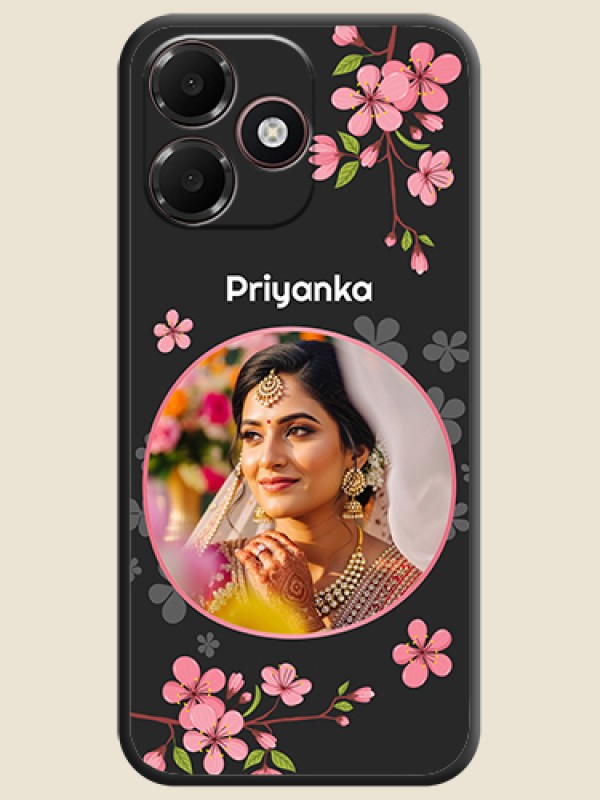 Round Image with Pink Color Floral Design on Photo On Space Black Custom Soft Matte Mobile Back Cover - Oppo K14 Lite 4G