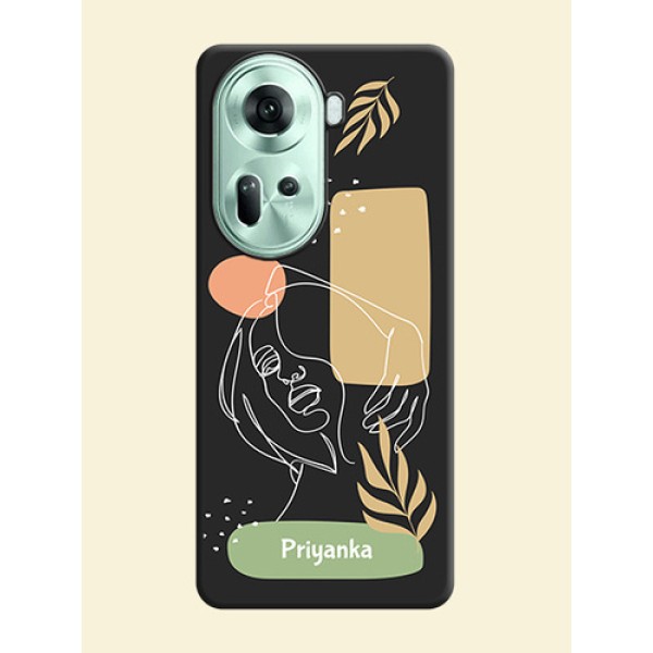 Custom Text With Line Art Of Women & Leaves Design On Space Black Personalized Soft Matte Phone Covers - Reno 11 5G