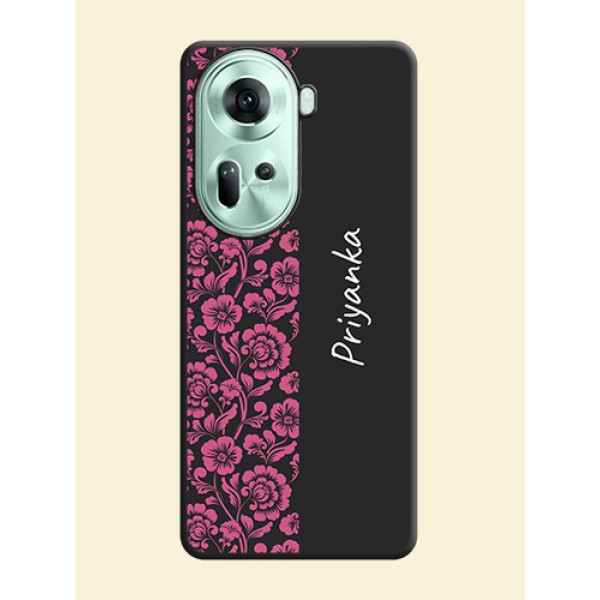Pink Floral Pattern Design With Custom Text On Space Black Personalized Soft Matte Phone Covers - Reno 11 5G