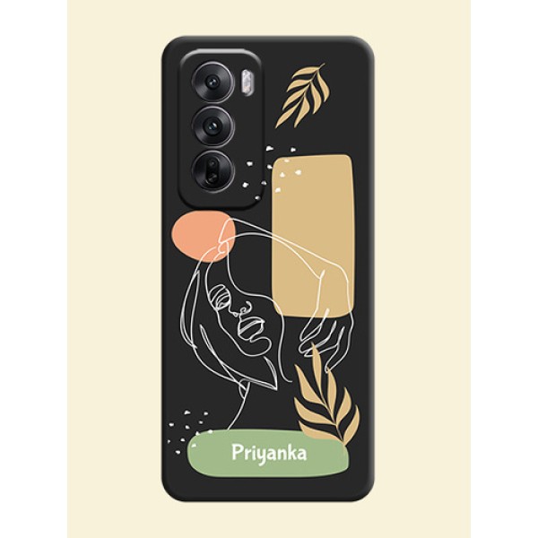 Custom Text With Line Art Of Women & Leaves Design On Space Black Custom Soft Matte Mobile Back Cover - Oppo Reno 12 5G