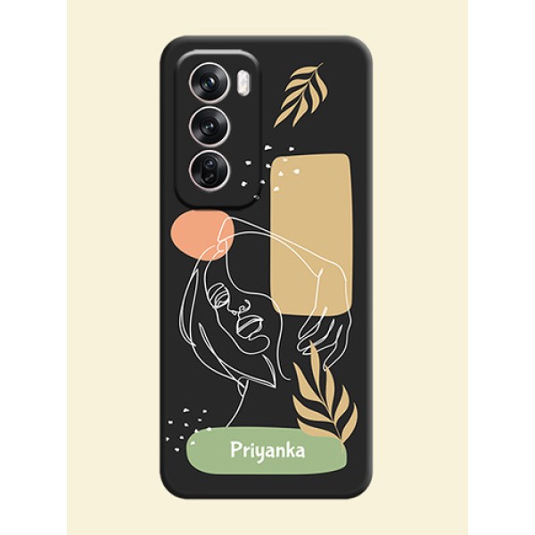 Custom Text With Line Art Of Women & Leaves Design On Space Black Custom Soft Matte Mobile Back Cover - Oppo Reno 12 Pro 5G
