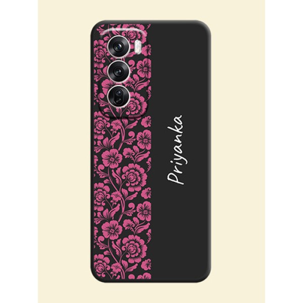 Pink Floral Pattern Design With Custom Text On Space Black Custom Soft Matte Mobile Back Cover - Oppo Reno 12 Pro 5G Pink Floral Pattern Design With Custom Text On Space Black Custom Soft Matte Mobile Back Cover - Oppo Reno 12 Pro 5G