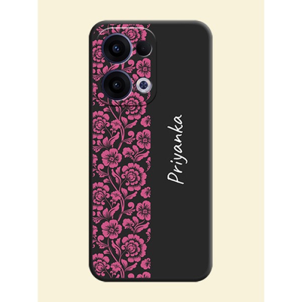 Pink Floral Pattern Design With Custom Text On Space Black Custom Soft Matte Mobile Back Cover - Oppo Reno 13 5G Pink Floral Pattern Design With Custom Text On Space Black Custom Soft Matte Mobile Back Cover - Oppo Reno 13 5G