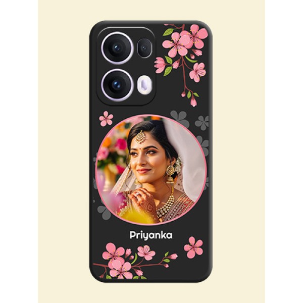 Round Image with Pink Color Floral Design on Photo On Space Black Custom Soft Matte Mobile Back Cover - Oppo Reno 13 Pro 5G