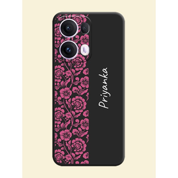 Pink Floral Pattern Design With Custom Text On Space Black Custom Soft Matte Mobile Back Cover - Oppo Reno 13 Pro 5G Pink Floral Pattern Design With Custom Text On Space Black Custom Soft Matte Mobile Back Cover - Oppo Reno 13 Pro 5G