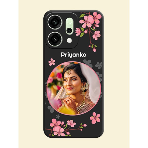 Round Image with Pink Color Floral Design on Photo On Space Black Custom Soft Matte Mobile Back Cover - Oppo Reno 14 5G
