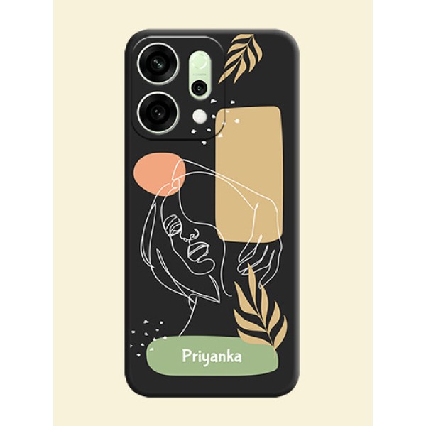Custom Text With Line Art Of Women & Leaves Design On Space Black Custom Soft Matte Mobile Back Cover - Oppo Reno 14 5G