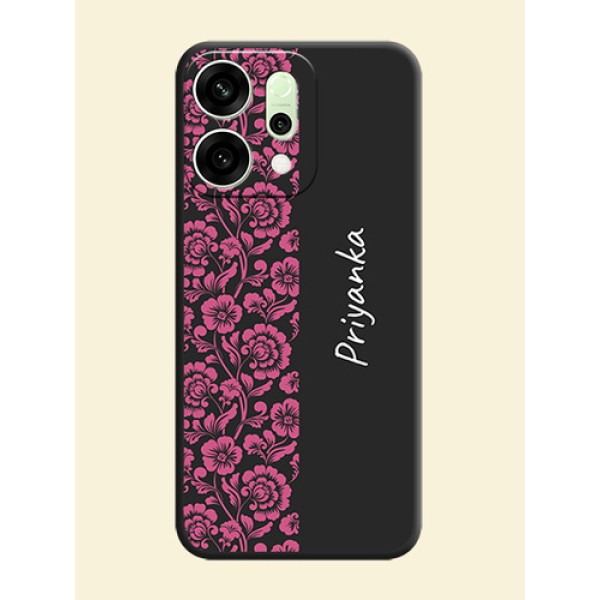 Pink Floral Pattern Design With Custom Text On Space Black Custom Soft Matte Mobile Back Cover - Oppo Reno 14 5G Pink Floral Pattern Design With Custom Text On Space Black Custom Soft Matte Mobile Back Cover - Oppo Reno 14 5G