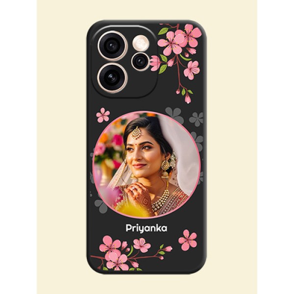 Round Image with Pink Color Floral Design on Photo On Space Black Custom Soft Matte Mobile Back Cover - Oppo Reno 15 Pro Mini 5G