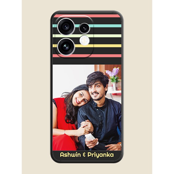 Color Stripes with Photo and Text on Photo On Space Black Custom Soft Matte Mobile Back Cover - Oppo Reno 16 5G Color Stripes with Photo and Text on Photo On Space Black Custom Soft Matte Mobile Back Cover - Oppo Reno 16 5G