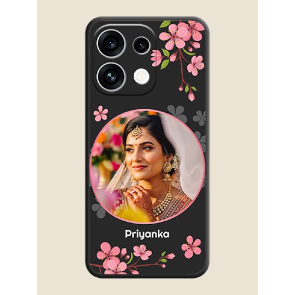 Round Image with Pink Color Floral Design on Photo On Space Black Custom Soft Matte Mobile Back Cover - Oppo Reno 16C 5G Round Image with Pink Color Floral Design on Photo On Space Black Custom Soft Matte Mobile Back Cover - Oppo Reno 16C 5G