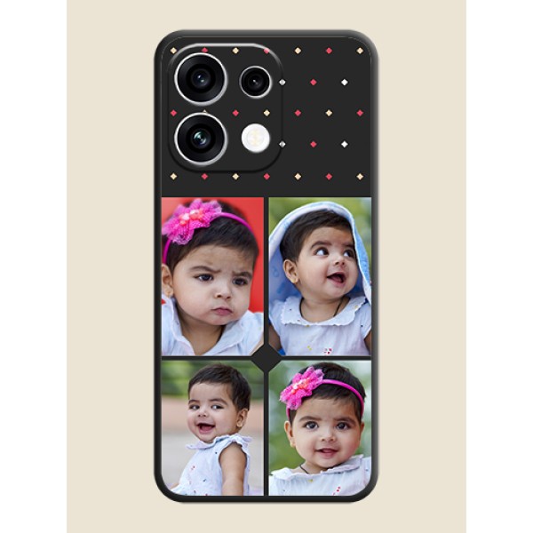Multicolor Dotted Pattern with 4 Image Holder On Space Black Custom Soft Matte Mobile Back Cover - Oppo Reno 16C 5G Multicolor Dotted Pattern with 4 Image Holder On Space Black Custom Soft Matte Mobile Back Cover - Oppo Reno 16C 5G