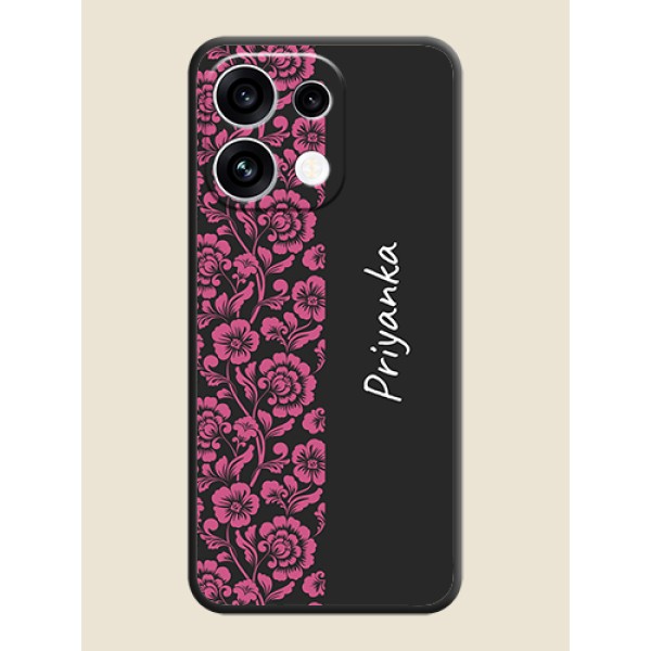 Pink Floral Pattern Design With Custom Text On Space Black Custom Soft Matte Mobile Back Cover - Oppo Reno 16C 5G Pink Floral Pattern Design With Custom Text On Space Black Custom Soft Matte Mobile Back Cover - Oppo Reno 16C 5G