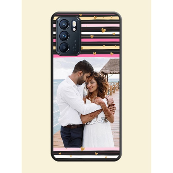 Multicolor Lines and Golden Love Symbols Design on Photo on Space Black Soft Matte Mobile Cover - Oppo Reno 6 5G Multicolor Lines and Golden Love Symbols Design on Photo on Space Black Soft Matte Mobile Cover - Oppo Reno 6 5G