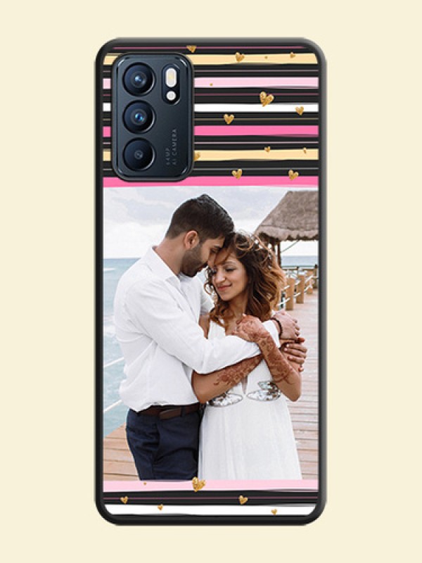 Multicolor Lines and Golden Love Symbols Design on Photo on Space Black Soft Matte Mobile Cover - Oppo Reno 6 5G