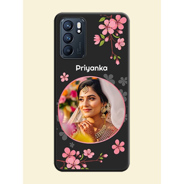 Round Image with Pink Color Floral Design on Photo on Space Black Soft Matte Back Cover - Oppo Reno 6 5G