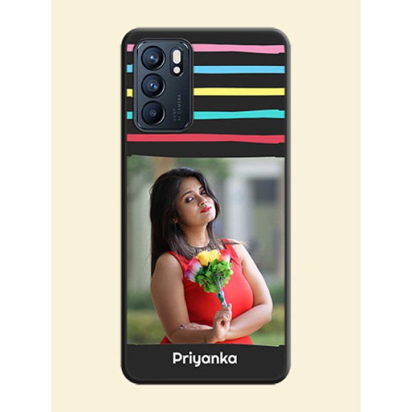 Multicolor Lines with Image on Space Black Personalized Soft Matte Phone Covers - Oppo Reno 6 5G Multicolor Lines with Image on Space Black Personalized Soft Matte Phone Covers - Oppo Reno 6 5G