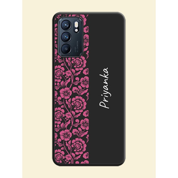 Pink Floral Pattern Design With Custom Text On Space Black Personalized Soft Matte Phone Covers -Oppo Reno 6 5G Pink Floral Pattern Design With Custom Text On Space Black Personalized Soft Matte Phone Covers -Oppo Reno 6 5G