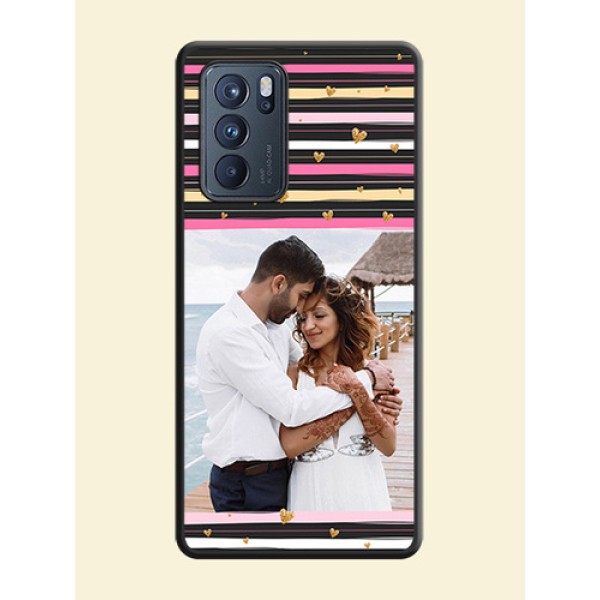 Multicolor Lines and Golden Love Symbols Design on Photo on Space Black Soft Matte Mobile Cover - Oppo Reno 6 Pro 5G Multicolor Lines and Golden Love Symbols Design on Photo on Space Black Soft Matte Mobile Cover - Oppo Reno 6 Pro 5G