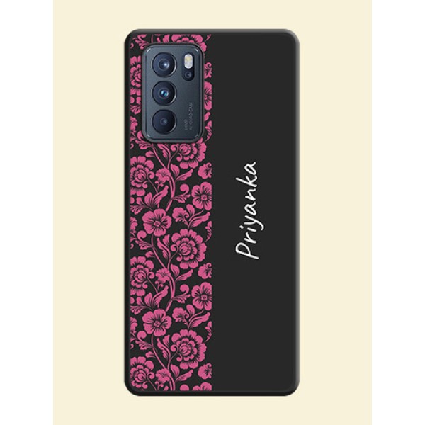 Pink Floral Pattern Design With Custom Text On Space Black Personalized Soft Matte Phone Covers -Oppo Reno 6 Pro 5G Pink Floral Pattern Design With Custom Text On Space Black Personalized Soft Matte Phone Covers -Oppo Reno 6 Pro 5G