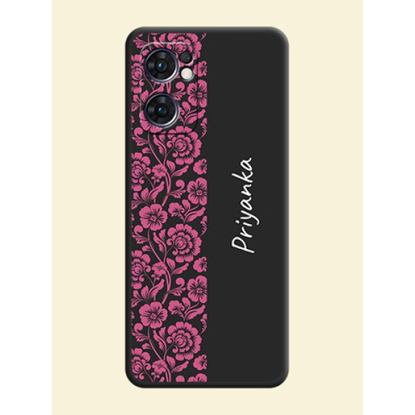 Pink Floral Pattern Design With Custom Text On Space Black Personalized Soft Matte Phone Covers -Oppo Reno 7 5G Pink Floral Pattern Design With Custom Text On Space Black Personalized Soft Matte Phone Covers -Oppo Reno 7 5G