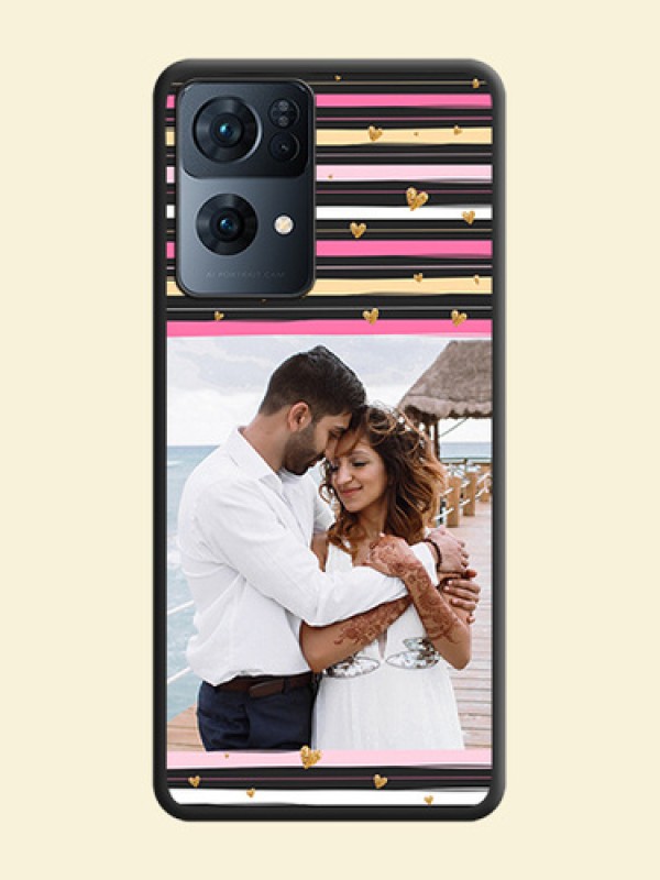 Multicolor Lines and Golden Love Symbols Design on Photo on Space Black Soft Matte Mobile Cover - Oppo Reno 7 Pro 5G
