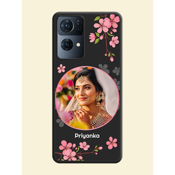 Round Image with Pink Color Floral Design on Photo on Space Black Soft Matte Back Cover - Oppo Reno 7 Pro 5G