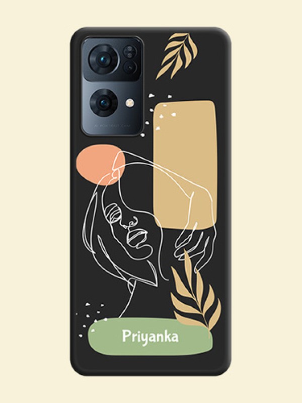 Custom Text With Line Art Of Women & Leaves Design On Space Black Personalized Soft Matte Phone Covers -Oppo Reno 7 Pro 5G