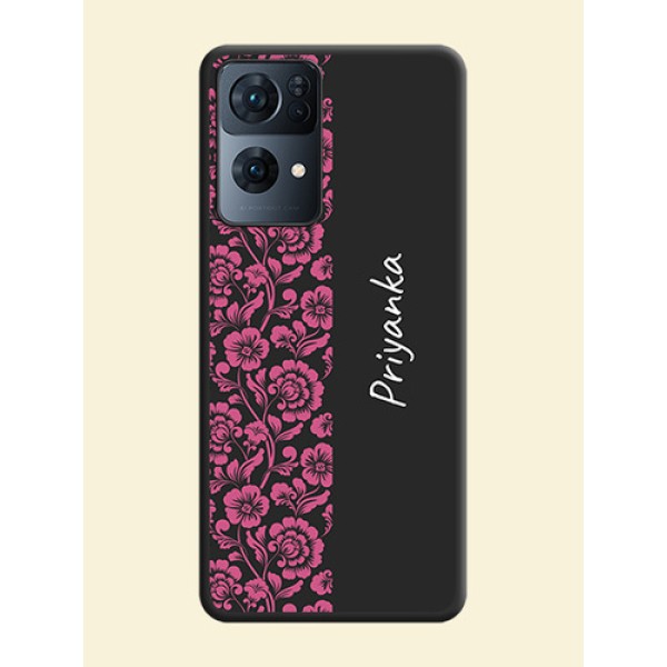 Pink Floral Pattern Design With Custom Text On Space Black Personalized Soft Matte Phone Covers -Oppo Reno 7 Pro 5G Pink Floral Pattern Design With Custom Text On Space Black Personalized Soft Matte Phone Covers -Oppo Reno 7 Pro 5G