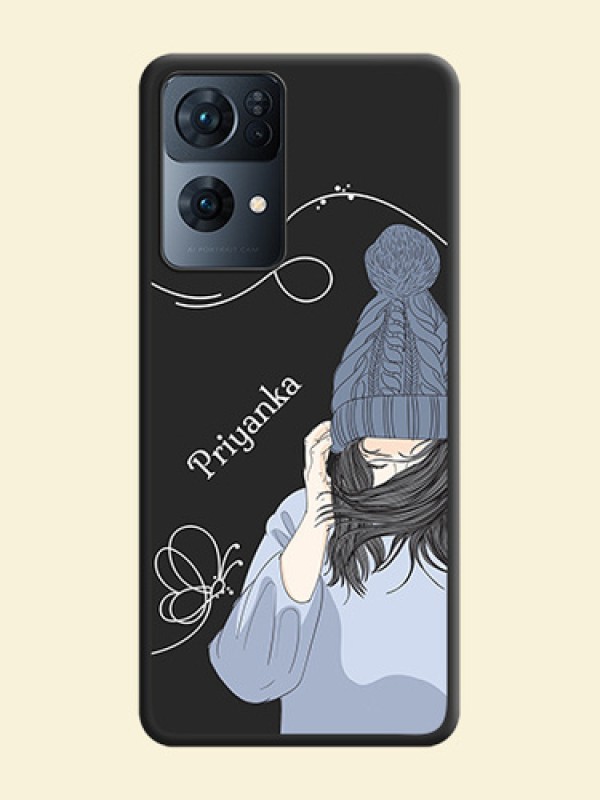 Girl With Blue Winter Outfiit Custom Text Design On Space Black Personalized Soft Matte Phone Covers -Oppo Reno 7 Pro 5G