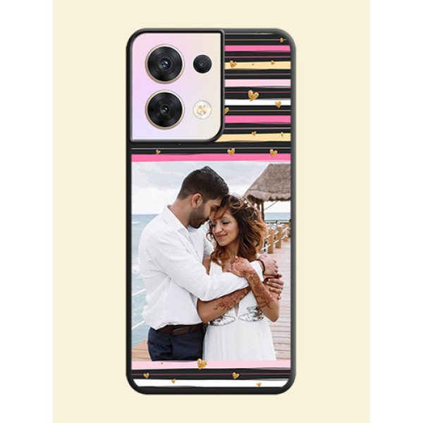Multicolor Lines and Golden Love Symbols Design on Photo on Space Black Soft Matte Mobile Cover - Oppo Reno 8 5G Multicolor Lines and Golden Love Symbols Design on Photo on Space Black Soft Matte Mobile Cover - Oppo Reno 8 5G