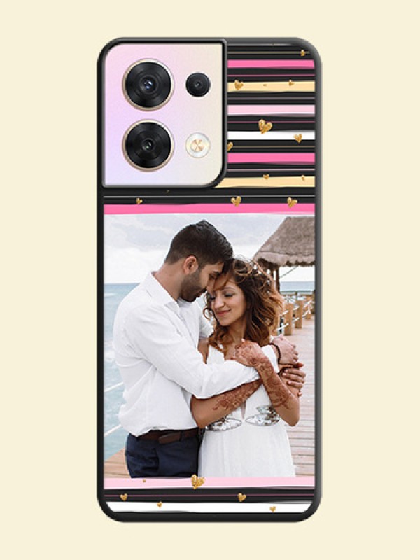 Multicolor Lines and Golden Love Symbols Design on Photo on Space Black Soft Matte Mobile Cover - Oppo Reno 8 5G