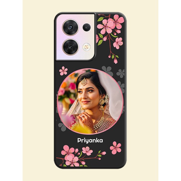 Round Image with Pink Color Floral Design on Photo on Space Black Soft Matte Back Cover - Oppo Reno 8 5G