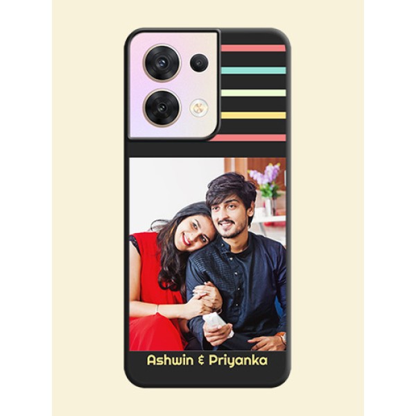 Color Stripes with Photo and Text on Photo on Space Black Soft Matte Mobile Case - Oppo Reno 8 5G Color Stripes with Photo and Text on Photo on Space Black Soft Matte Mobile Case - Oppo Reno 8 5G