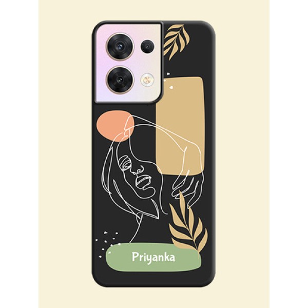 Custom Text With Line Art Of Women & Leaves Design On Space Black Personalized Soft Matte Phone Covers -Oppo Reno 8 5G Custom Text With Line Art Of Women & Leaves Design On Space Black Personalized Soft Matte Phone Covers -Oppo Reno 8 5G