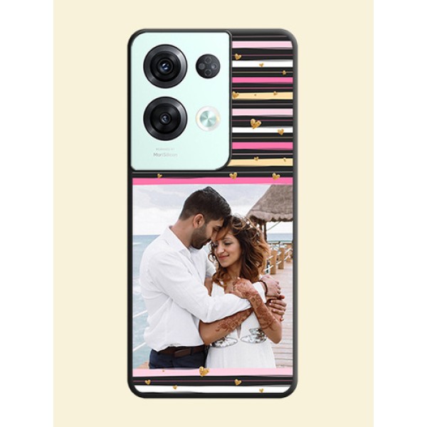 Multicolor Lines and Golden Love Symbols Design on Photo on Space Black Soft Matte Mobile Cover - Oppo Reno 8 Pro 5G Multicolor Lines and Golden Love Symbols Design on Photo on Space Black Soft Matte Mobile Cover - Oppo Reno 8 Pro 5G