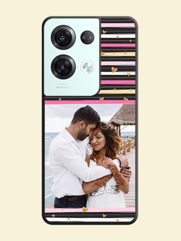 Multicolor Lines and Golden Love Symbols Design on Photo on Space Black Soft Matte Mobile Cover - Oppo Reno 8 Pro 5G