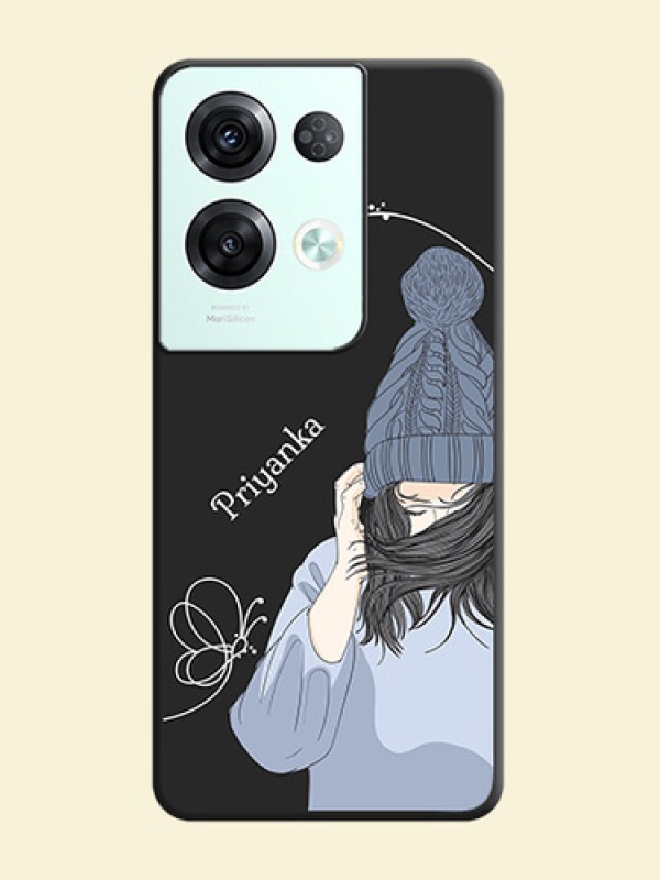 Girl With Blue Winter Outfiit Custom Text Design On Space Black Personalized Soft Matte Phone Covers -Oppo Reno 8 Pro 5G